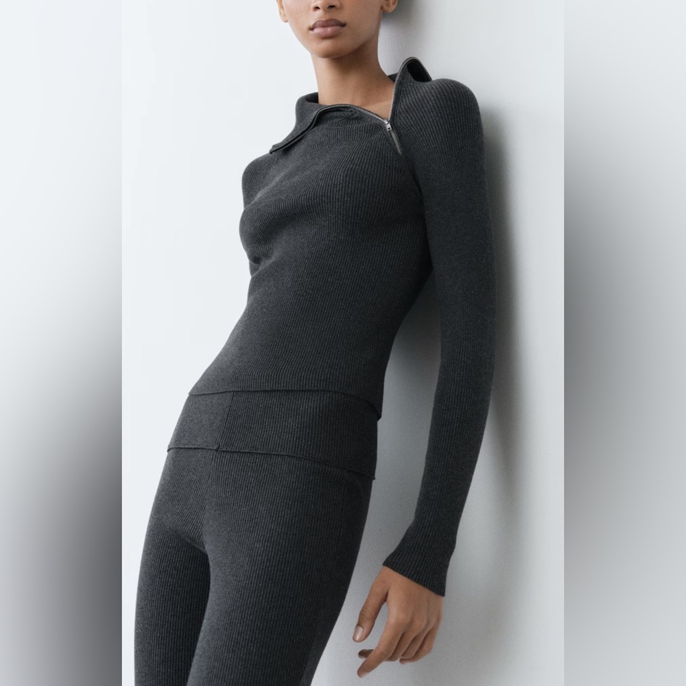 Mango Ribbed Sweater with Zip Collar